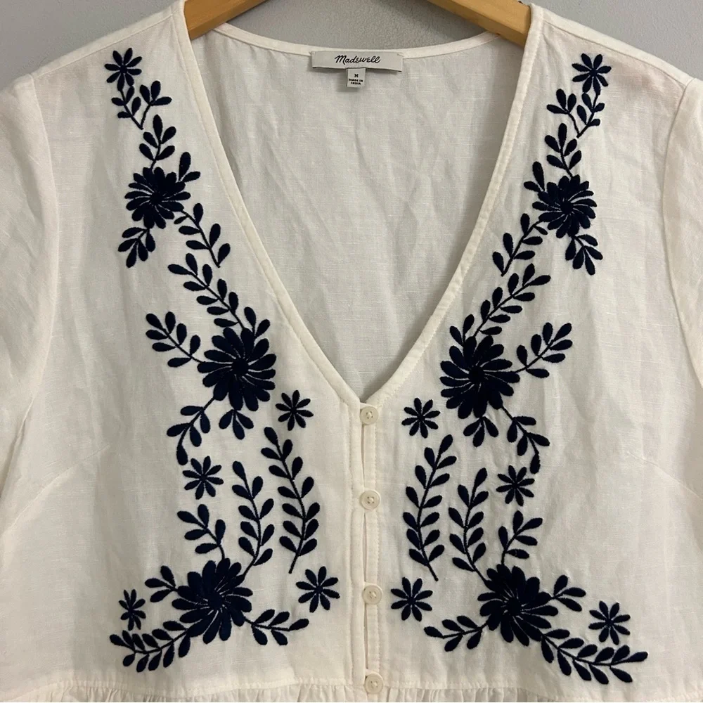 Madewell White Navy Embroidered Linen-Blend Alexandra Button-Front Mini Dress - Picture 5 of 8